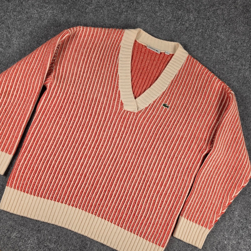 Lacoste Sweater Womens M Red Cream Two Tone Wool V Neck Ribbed AF2321